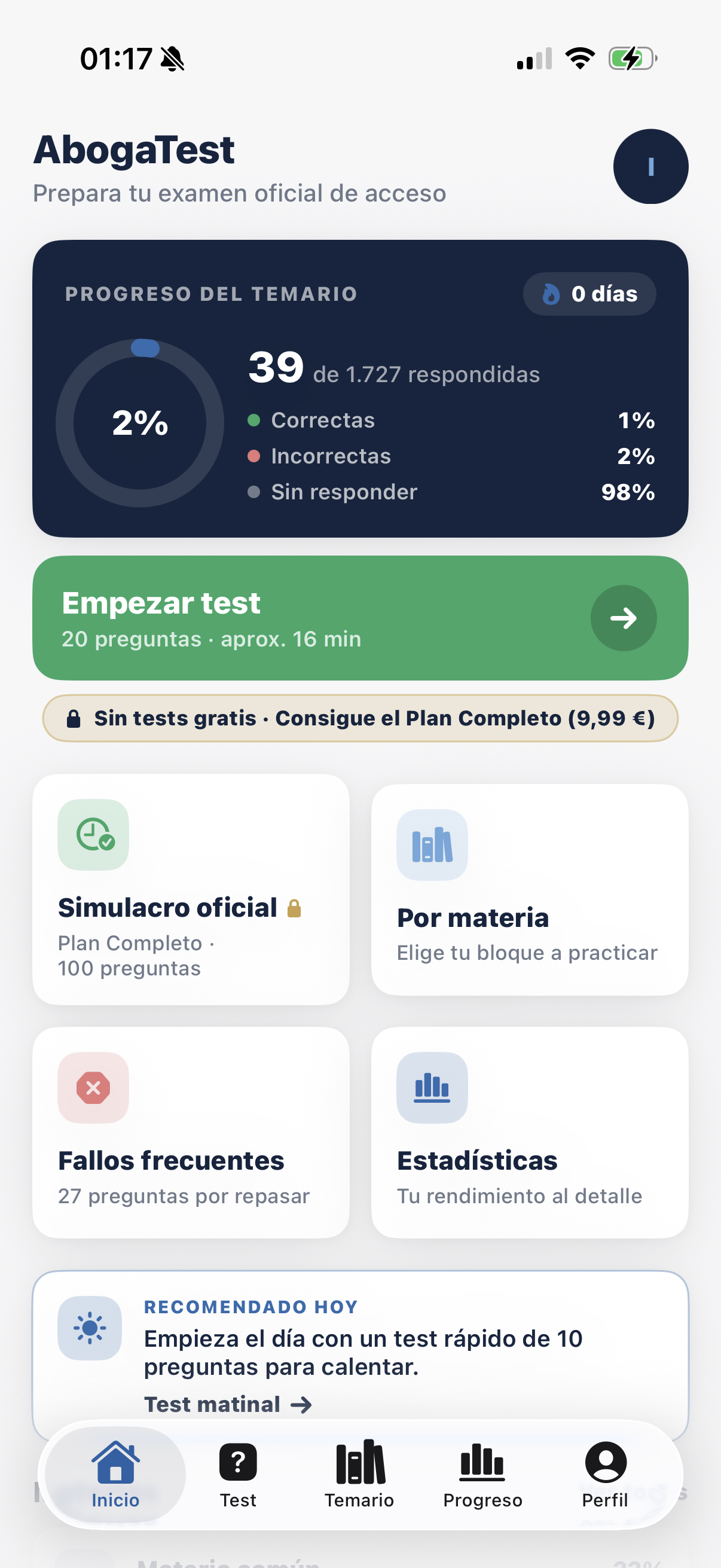 Pantalla de inicio de AbogaTest con el progreso del temario