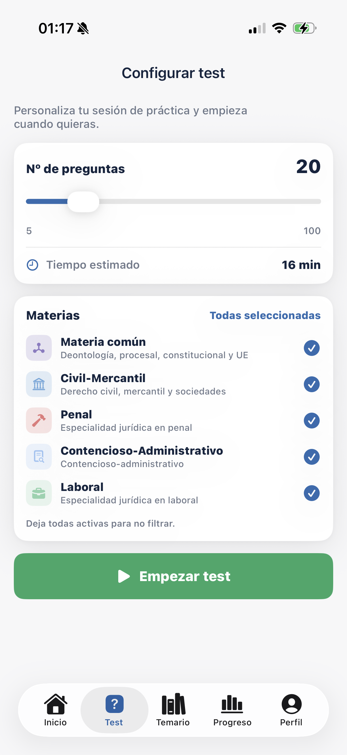 Configurar un test eligiendo materias y número de preguntas