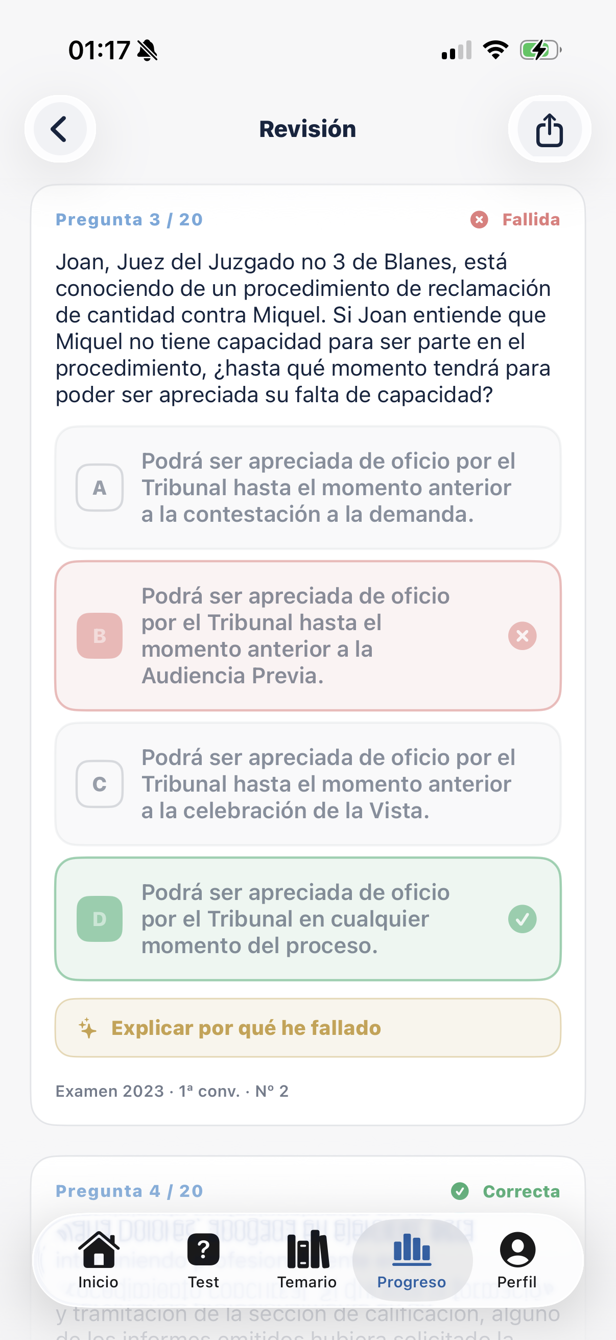 Revisión de un test con la respuesta correcta destacada